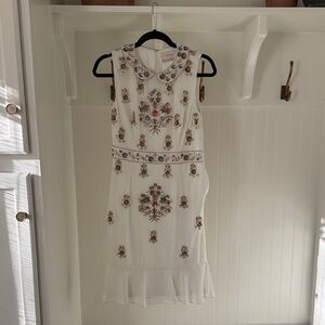 BHLDN Ivory Floral Embroidered Peter Pan Collar Midi Dress